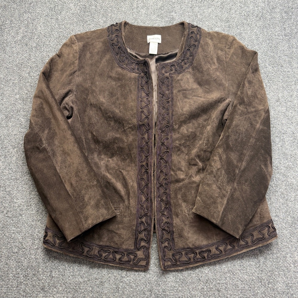 Chicos Brown Suede Leather Jacket Soutache Trim Open Front Blazer Size 3 L XL